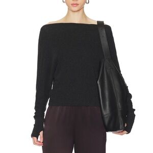 Enza Costa cashmere cuffed off the shoulder longsleeve top in black